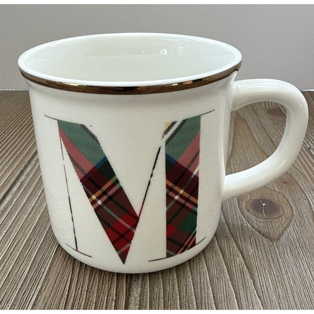 POTTERY BARN STEWART PLAID ALPHABET STONEWARE MUG M
